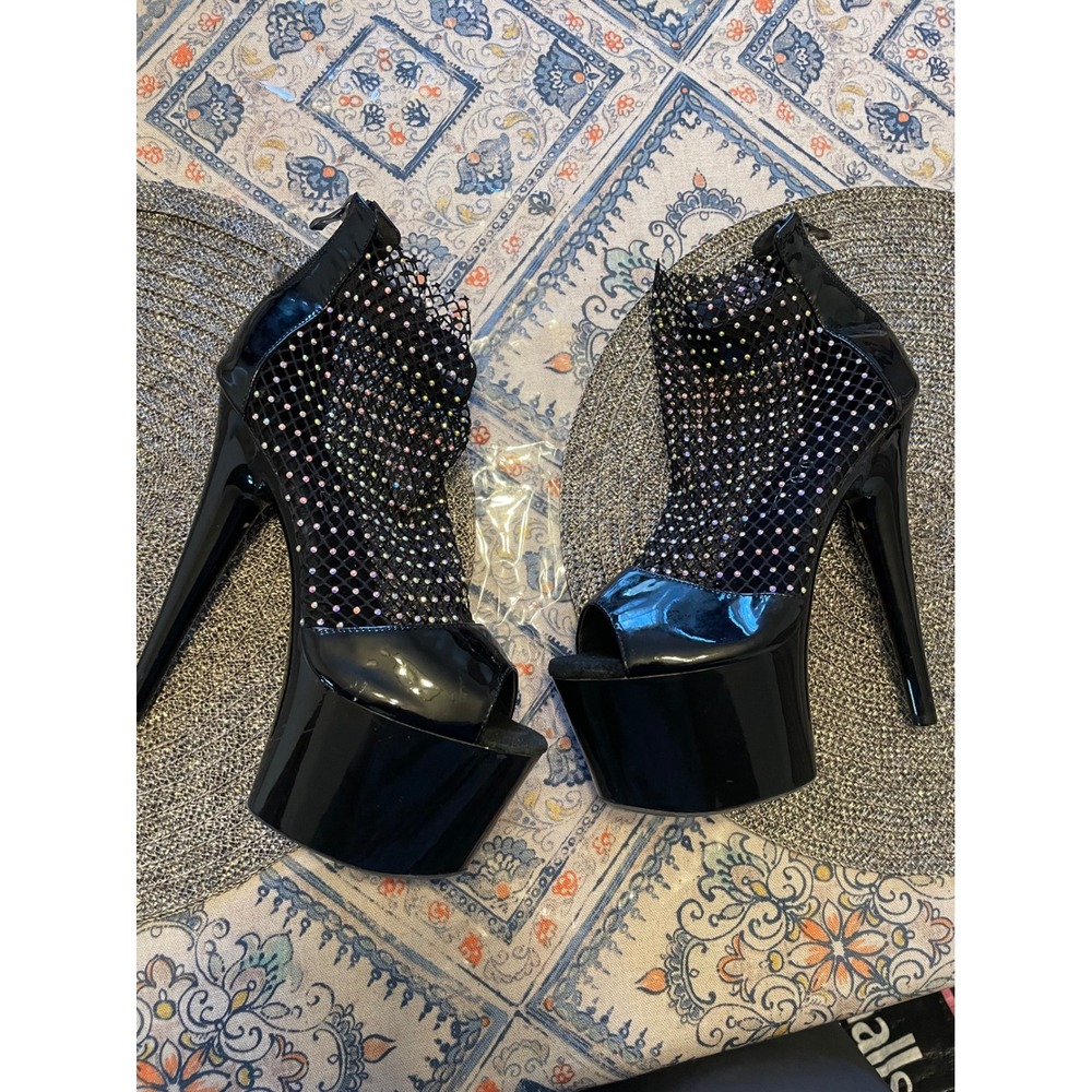 Black Patent Rhinestone Fishnet Platform Ankle Boots Open Toe Stiletto Heels